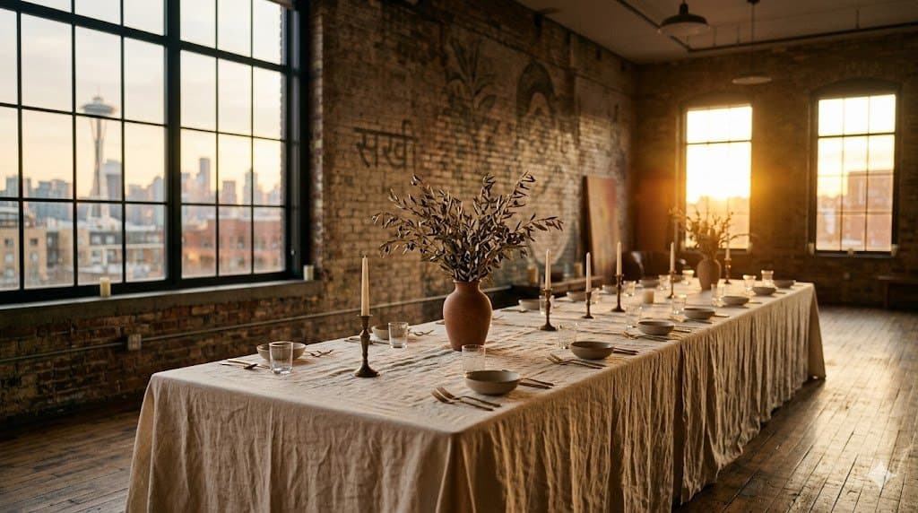 The Sakhi room — candlelight, linen, the space before the gathering begins
